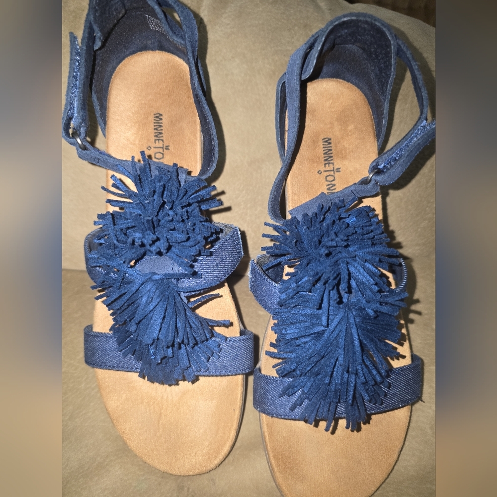 Minnetonka Desi Fringe Wedge Sandal Navy Leather Size 10 - Picture 7 of 11